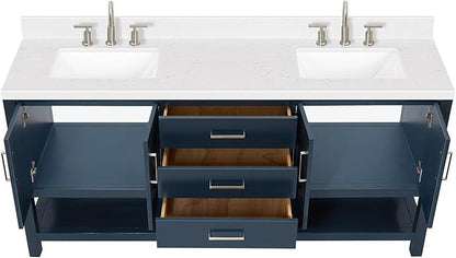 ARIEL Magnolia 72-inch Bathroom Vanity with Sink,Solid Wood, 1.5-inch Carrara White Quartz Countertop, Double Rectangular Porcelain Sink, 4 Soft Closing Doors, 3 Dovetail Drawers, Midnight Blue