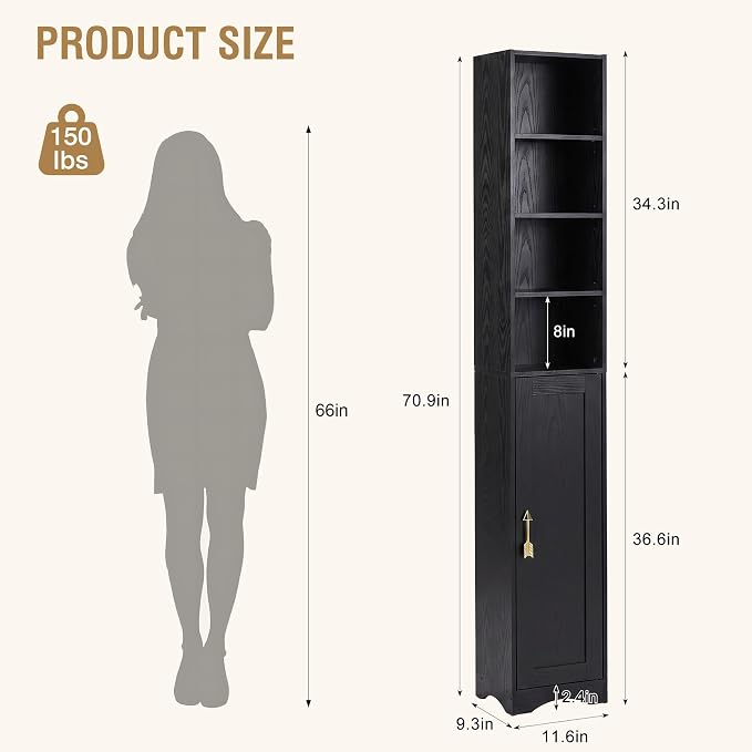 VECELO Narrow Tall Cabinet with Closed Door, 6 Adjustable Movable Shelves, Wood Space Saving Corner Storage Unit, Sleek Black