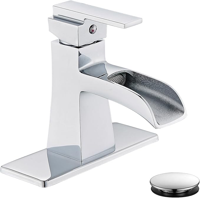 Chrome Waterfall Bathroom Faucet, Sanliv Single Handle Bathroom Sink Faucet for 1 or 3-Hole Sinks (4 Inch Centerset) Modern Farmhouse Vanity Faucet with Pop Up Drain, Polished Chrome