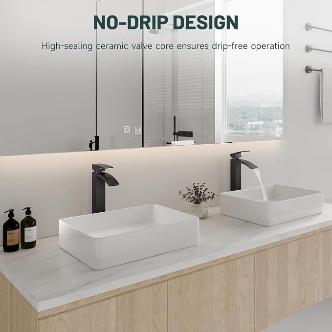 Matte Black Vessel Sink Faucet, Waterfall Bathroom Faucets | Brass, Tall Spout, Single Handle 1 Hole Bathroom Faucet, Modern Basin Taps with Supply Line, Pop Up Drain, Without Overflow