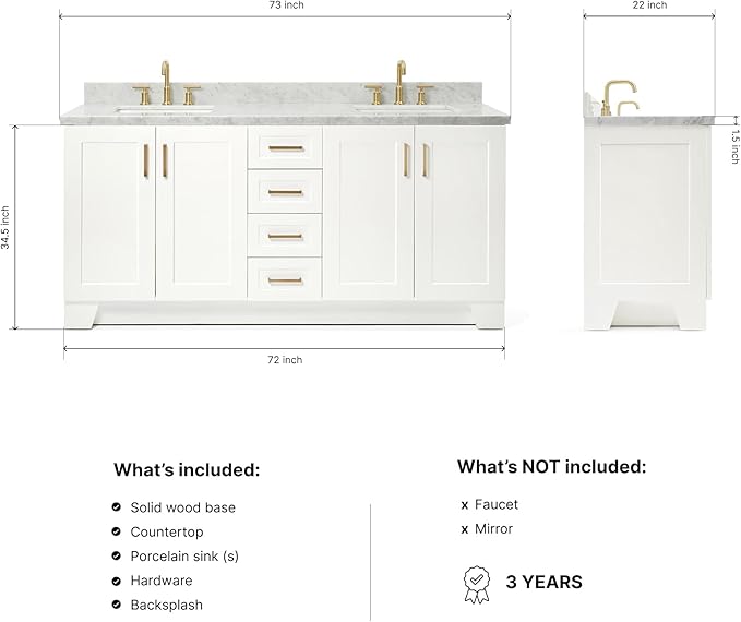 DKB Emilia 72 Inch Bathroom Vanity Double Sink — White Bathroom Vanity with Sink, 1.5" Edge Italian Carrara Marble Countertop & Backsplash, 4 Soft-Close Doors, and 6 Dovetail Drawers