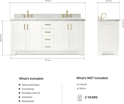 DKB Emilia 72 Inch Bathroom Vanity Double Sink — White Bathroom Vanity with Sink, 1.5" Edge Italian Carrara Marble Countertop & Backsplash, 4 Soft-Close Doors, and 6 Dovetail Drawers