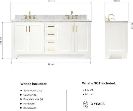 DKB Emilia 72 Inch Bathroom Vanity Double Sink — White Bathroom Vanity with Sink, 1.5" Edge Italian Carrara Marble Countertop & Backsplash, 4 Soft-Close Doors, and 6 Dovetail Drawers