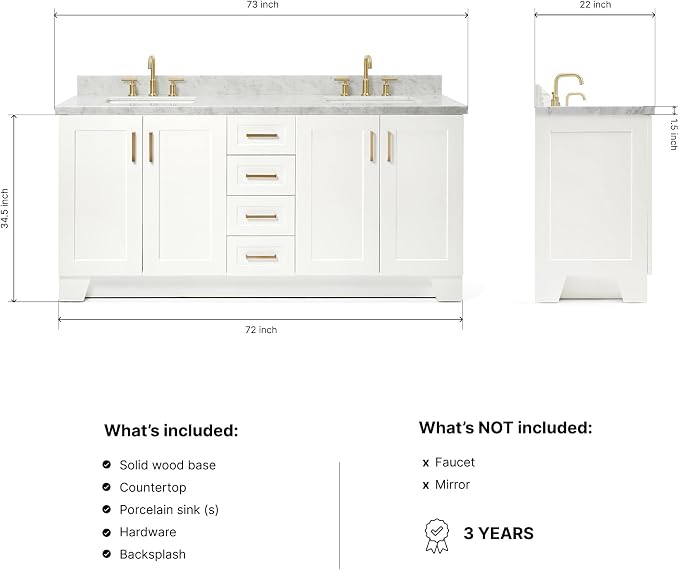 ARIEL 73" White Double Vanity, 1.5" Edge Italian Carrara Marble Countertop & Splash, Rectangular Sink, 4 Soft Closing Doors, 6 Full Extension Dovetail Drawers, Toe Kick, Satin Brass
