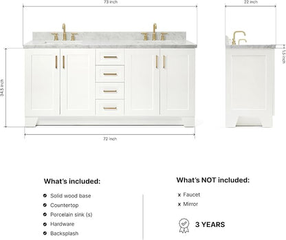 ARIEL 73" White Double Vanity, 1.5" Edge Italian Carrara Marble Countertop & Splash, Rectangular Sink, 4 Soft Closing Doors, 6 Full Extension Dovetail Drawers, Toe Kick, Satin Brass
