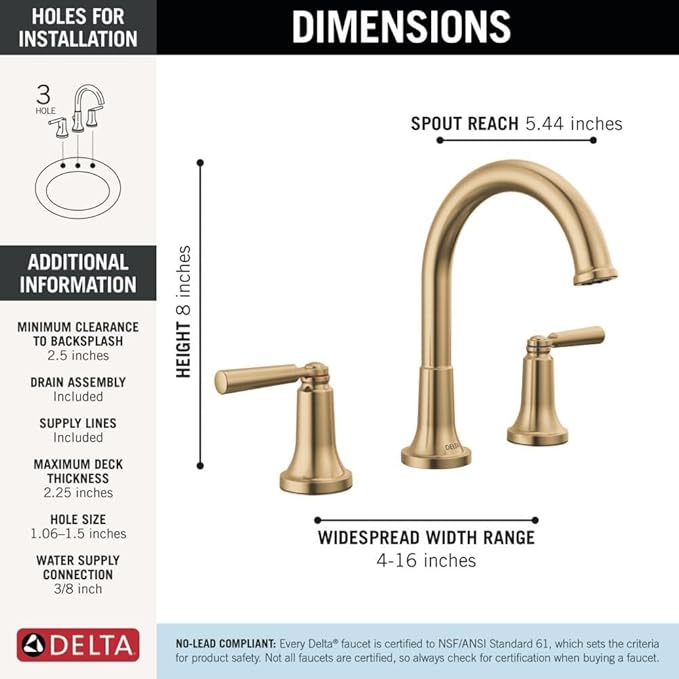 Delta Saylor Brushed Gold Bathroom Faucet 3 Hole, 8 Inch Widespread Bathroom Sink Faucet for Vanity, Metal Push-Pop Drain Assembly, Champagne Bronze 3535-CZMPU-DST