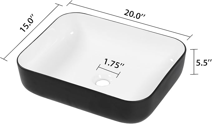 20x15 inch Rectangular Vessel Sink Above Counter Bathroom Sink | Black and White Bathroom Vessel Sink Above Counter Ceramic Porcelain Bathroom Vanity Sink Art Basin