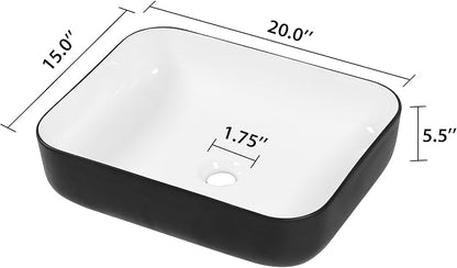 20x15 inch Rectangular Vessel Sink Above Counter Bathroom Sink | Black and White Bathroom Vessel Sink Above Counter Ceramic Porcelain Bathroom Vanity Sink Art Basin
