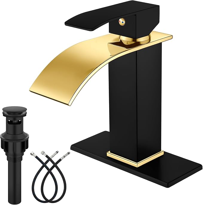Midanya Waterfall Bathroom Faucet 1 Hole,Polish Gold Spout/Matte Black | with 24” Hoses,Pop Up Drain,6” Deck Plate,for 1 or 3 Hole Vanity,Lavatory,RV,Single Handle Bathroom Sink Faucet,NSF Certified