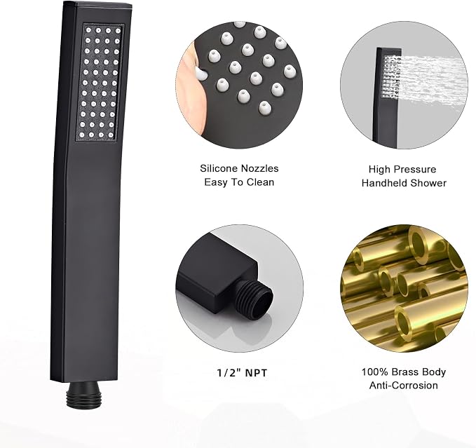 Handheld Shower Head，High Pressure Black Shower Head,Water Saving Detachable Shower Wand with Solid Brass Body and 5 ft Flexible Hose, Easy to Clean and Durable