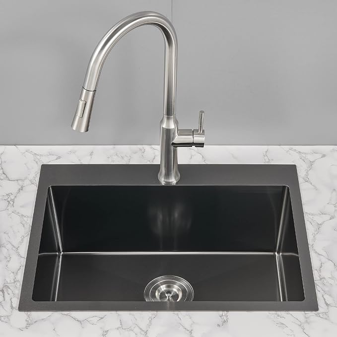 24 Inch Drop in Kitchen Sink Black, 18 Gauge Stainless Steel | Single Bowl Single Hole Topmount Sink, 24"x18"x9" Basin Sink for Small Kitchen, Bar and RV