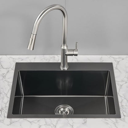 24 Inch Drop in Kitchen Sink Black, 18 Gauge Stainless Steel | Single Bowl Single Hole Topmount Sink, 24"x18"x9" Basin Sink for Small Kitchen, Bar and RV