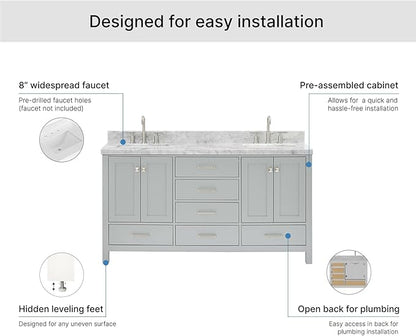 ARIEL Cambridge 66-inch Bathroom Vanity with Sink,Solid Wood, 1.5-inch Italian Carrara Marble Countertop, Double Rectangular Porcelain Sink, 4 Soft Closing Doors, 6 Dovetail Drawers, Grey