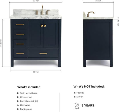 ARIEL Cambridge 36-inch Bathroom Vanity with Sink,Solid Wood, 1.5-inch Italian Carrara Marble Countertop, Single Rectangular Porcelain Sink, 2 Soft Closing Doors, 5 Dovetail Drawers, Midnight Blue