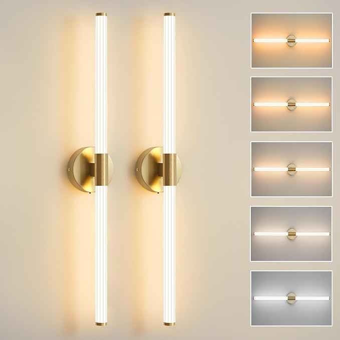 Glod Wall Sconces Set of Two Hardwired LED Vanity Light 31" | Dimmable 5CCT LED Bathroom Light Fixtures, 360° Full Lighting, Modern Vanity Light Bar for Bathroom Mirror