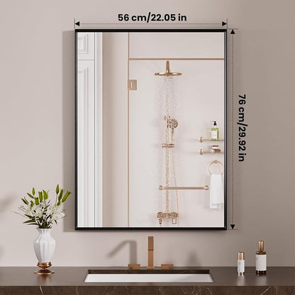 LOAAO Black Bathroom Mirror 22"X30" Rectangle Vanity Mirror | Tempered Glass, Hangs Vertically or Horizontally, Easy to Install, Wall Mounted, Modern Design