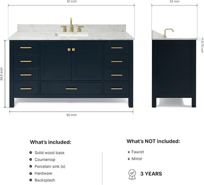 ARIEL Cambridge 60-inch Bathroom Vanity with Sink,Solid Wood, 0.75-inch Italian Carrara Marble Countertop, Single Rectangular Porcelain Sink, 2 Soft Closing Doors, 9 Dovetail Drawers, Midnight Blue