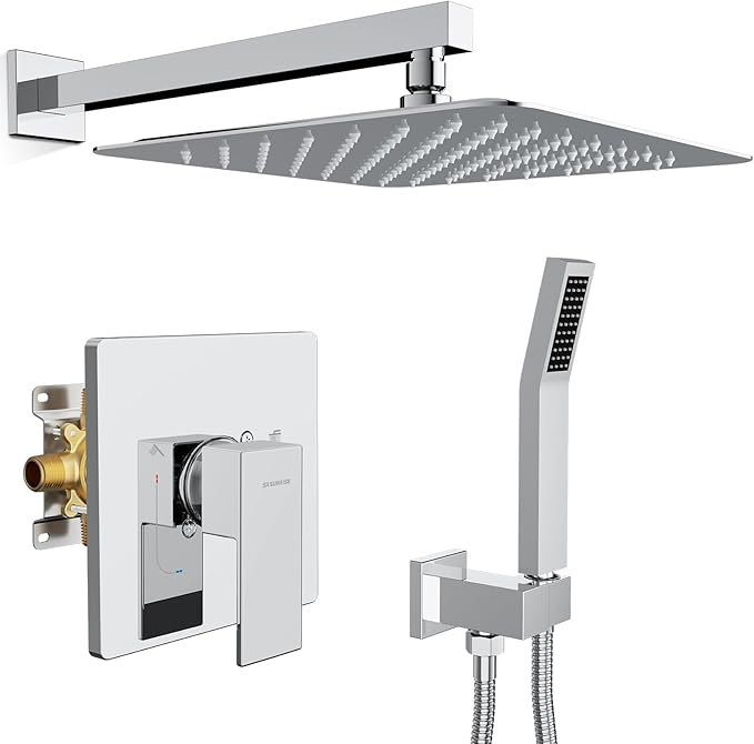 SR SUN RISE Shower Faucet Set & System - 12 Inch Rainfall Shower Head & Handle Set Wall Mounted Polished Chrome Solid Brass Valve Trim Kit Included