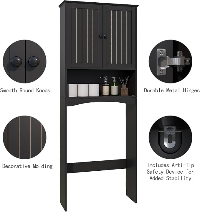Over The Toilet Storage Cabinet for Small Bathrooms, Freestanding Space Saver with Double Doors & 2 Fixed Shelves, Stable Wood Organizer with Anti-Tip Kit, Fits 33-Inch Clearance Black