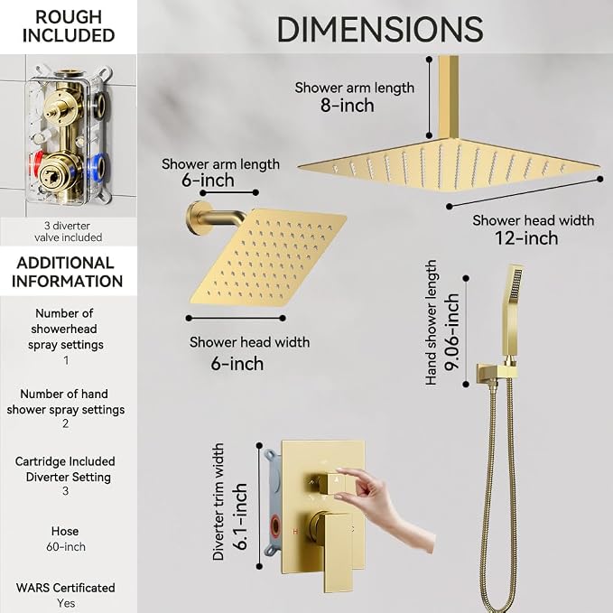 Shower System Shower Faucet Set, STARBATH 12"+6" Ceiling Mount Rain Shower Head and Handheld Spray for Two Person, Rainfall Shower System with Diverter Valve and Trim Kit Complete,Brushed Gold
