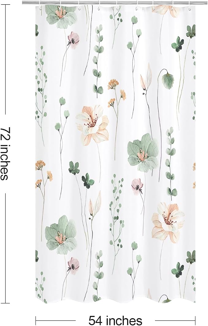 Sage Green Beige Watercolor Floral Fabric Shower Curtain, 54x72 | Waterproof Fabric, Modern Minimalist Floral Print, Machine Washable, Rustproof Grommets, for Bathroom Home, Stall