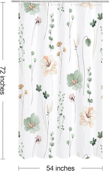 Sage Green Beige Watercolor Floral Fabric Shower Curtain, 54x72 | Waterproof Fabric, Modern Minimalist Floral Print, Machine Washable, Rustproof Grommets, for Bathroom Home, Stall