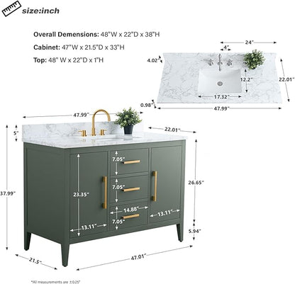 HomeBeyond 48 Inch Bathroom Vanity with Sink & Ceramic Top, Single Vanity Cabinet with Basin, Soft-Closing Doors & Matte Black Hardware, Vintage Green