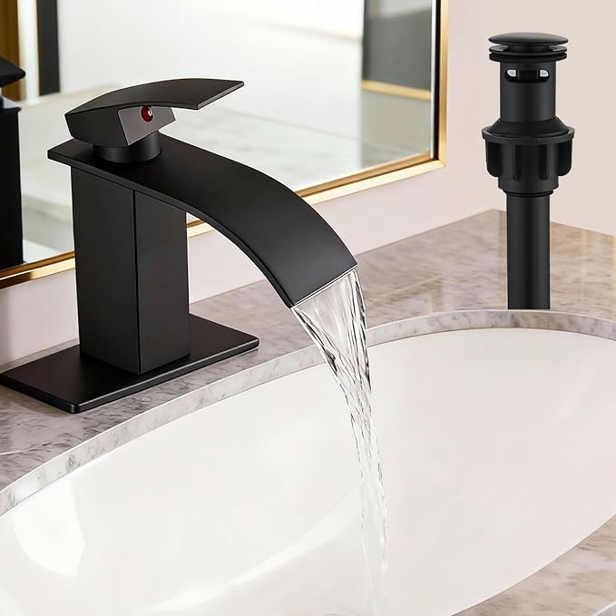 Bathroom Sink Faucet, Waterfall Bathroom Faucet with Pop-up Drain, Supply Hoses and Deck Plate, Suitable for 1 or 3 Holes, Mate Black