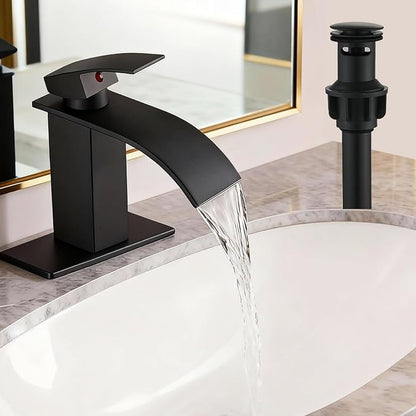 Bathroom Sink Faucet, Waterfall Bathroom Faucet with Pop-up Drain, Supply Hoses and Deck Plate, Suitable for 1 or 3 Holes, Mate Black