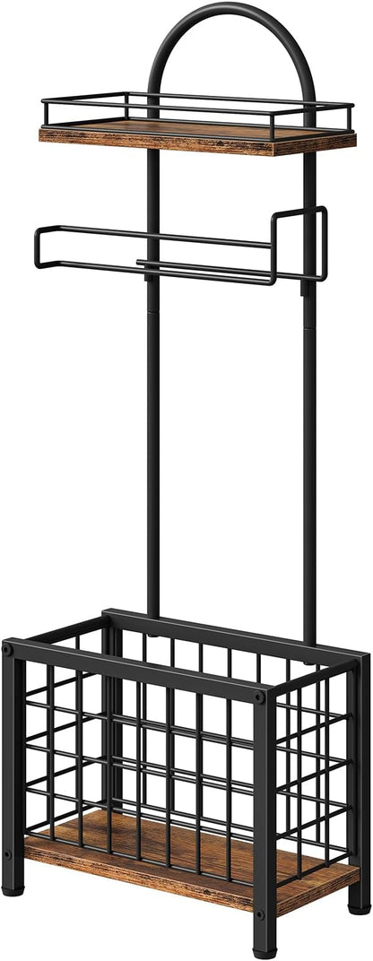 Toilet Paper Holder Stand, Freestanding Toilet Paper Holder with Shelf & Basket, Bathroom Tissue Organizer for Small Space, 3-Tier Storage for Bath Toilet Office Rustic Brown and Black TTS70BF
