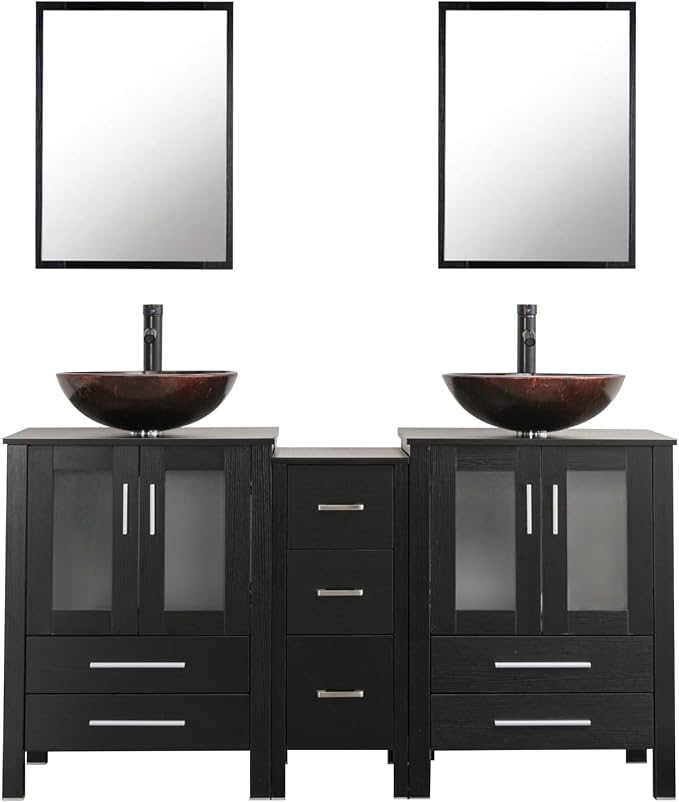 60" Black Bathroom Vanity,Double Vanity,Round Glass Vessel Basin Sink,ORB Faucet,Drain Parts,Bathroom Vanity Top Glass Sink Bowl Set,Vanity Pedestal Include,Mirror Not Included (A09 Vessel Set)