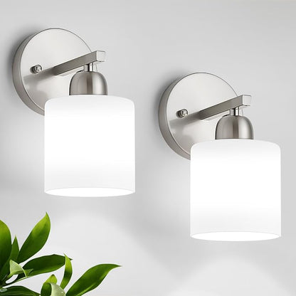 Brushed Nickel Bathroom Light, Anti-Rust Finish 2PCS Light Bathroom Vanity Light Brushed Nickel, Milky White Frosted Glass Shades, E26 Socket