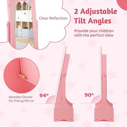 CHARMAID Kids Mirror Jewelry Cabinet - 45.5'' Full Length Mirror with Jewelry Storage, Standing Jewelry Armoire with Drawers, Kids Jewelry Organizer Box Vanity Dressing Mirror for Girls (Pink)