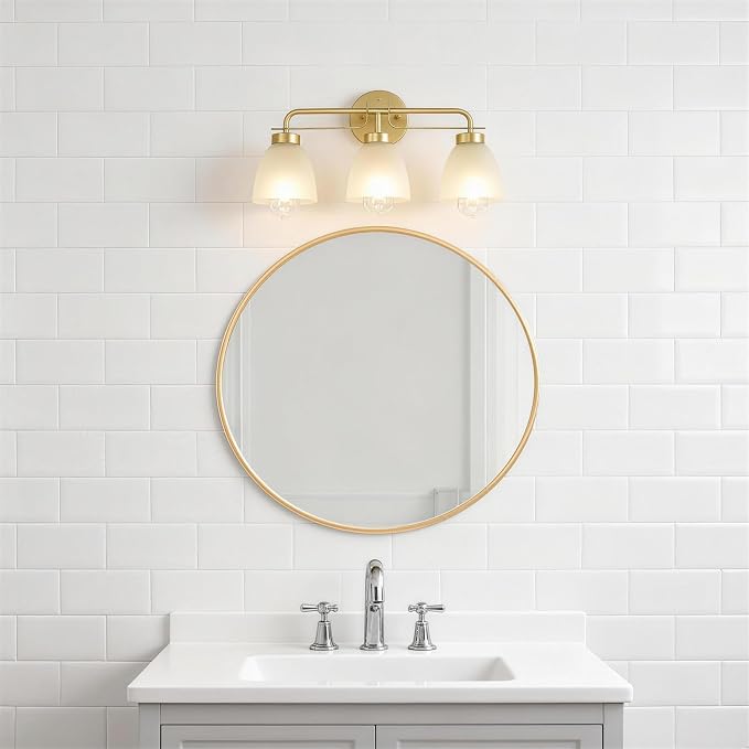 21 Inch Mid-Century Modern Vanity Lights, 3-Light Golden Bathroom Light Fixture with Frosted White Bell Shades, Industrial Wall Sconce for Mirror Over Vanity, Bedroom, Hallway