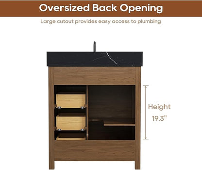 30 Inch Bathroom Vanity with Sink, Farmhouse Solid Wood Frame Vanity with Sink, Sliding Barn Door Bathroom Storage Cabinet with Soft-Closing Dovetail Drawers, Brown Oak