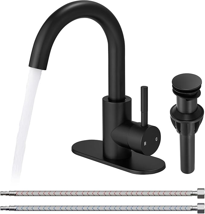 Fransiton Bathroom Faucets, Bar Sink Faucet Single Hole for Bathroom Kitchen Campers with Deck Plate Outdoor Faucet Vessel Farmhouse Vanity Lavatory (Matte Black - C)