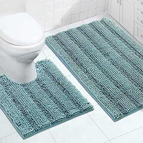 2-Piece Bathroom Rug Set with U-Shaped Mat, Absorbent Chenille, Aqua Haze