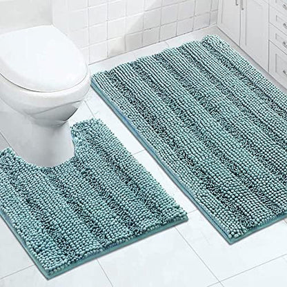 2-Piece Bathroom Rug Set with U-Shaped Mat, Absorbent Chenille, Aqua Haze