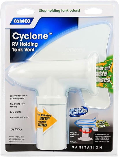 Camco Cyclone Rotating Sewer Plumbing Vent - Rids Odors from Your RV Holding Tank, Rotes 360 Degrees to Pull Odors Up and Away - White (40595)