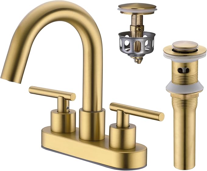 Bathroom Faucet 2 Handle 4 Inch Centerset Vanity Sink Faucet with Metal Overflow Pop Up Drain, 360°Swivel Spout, Stainless Steel, Brushed Brass Gold