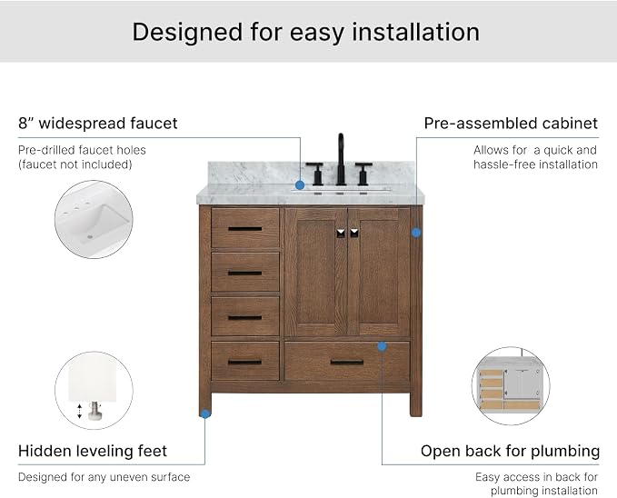 ARIEL Cambridge 36-inch Bathroom Vanity with Sink,Solid Wood, 1.5-inch Italian Carrara Marble Countertop, Single Rectangular Porcelain Sink, 2 Soft Closing Doors, 5 Dovetail Drawers, Brown Oak