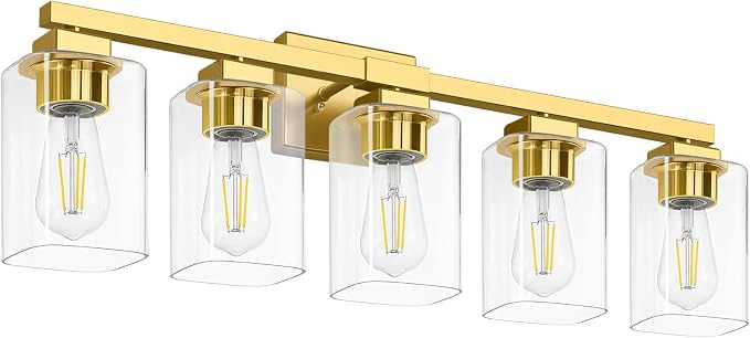 31” Bathroom Light Fixtures Over Mirror, 5-Light Gold Vanity Light | Square Clear Glass & Durable Metal, Quick & Easy Installation, Standard E26 Socket, Bright Bathroom Lighting