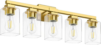 31” Bathroom Light Fixtures Over Mirror, 5-Light Gold Vanity Light | Square Clear Glass & Durable Metal, Quick & Easy Installation, Standard E26 Socket, Bright Bathroom Lighting