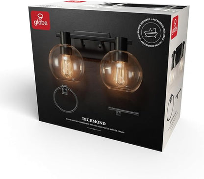 GLOBE Electric 63000057 3-Piece All-in-One Bathroom Set, Matte Black, 15" 2-Light Vanity Light, Clear Glass Shades, Toilet Paper Holder, Towel Ring, Bathroom Lights Over Mirror, Powder Room Lighting