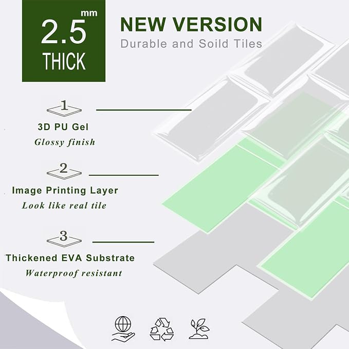 STICKGOO 10-Sheet Backsplash Peel and Stick Subway Tile, Self Adhesive Vinyl Wall Tiles, Stick on Backsplash for Kitchen and Bathroom(Thicker Design, Light Sage)