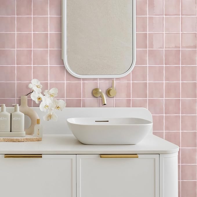 Thicker 3D Peel and Stick Backsplash Tiles, 10 Pcs 12" x 12" | Pink, Glossy Self Adhesive Backsplash Wall Sticker for Renter Friendly Bathroom DIY Wall Makeover, Cover 10 sq ft，Removable