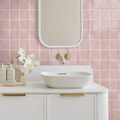 Thicker 3D Peel and Stick Backsplash Tiles, 10 Pcs 12" x 12" | Pink, Glossy Self Adhesive Backsplash Wall Sticker for Renter Friendly Bathroom DIY Wall Makeover, Cover 10 sq ft，Removable