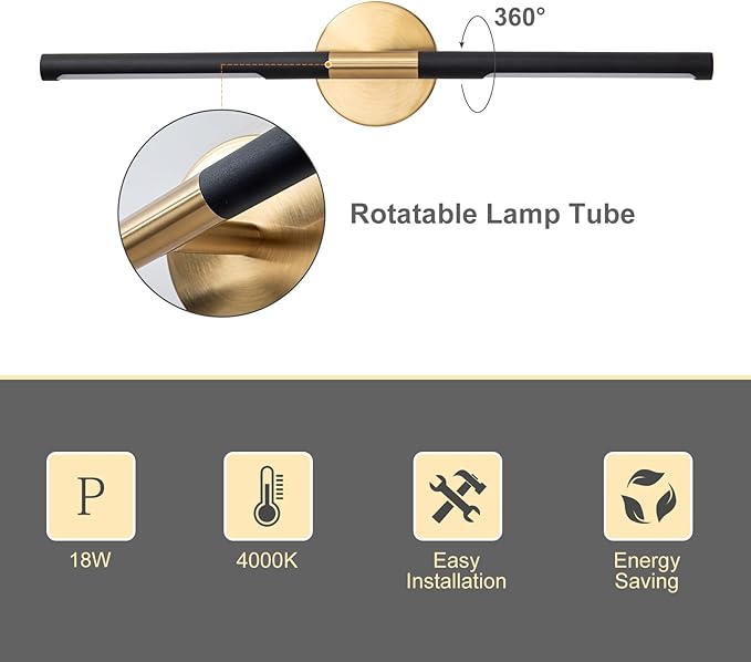 Modern Bathroom Light Fixtures Over Mirror 24 Inch, 18W 360° Rotatable Dimmable 4000K Led Vanity Light Bar, Black and Gold Bathroom Vanity Lights Above Mirror, Led Bathroom Lighting