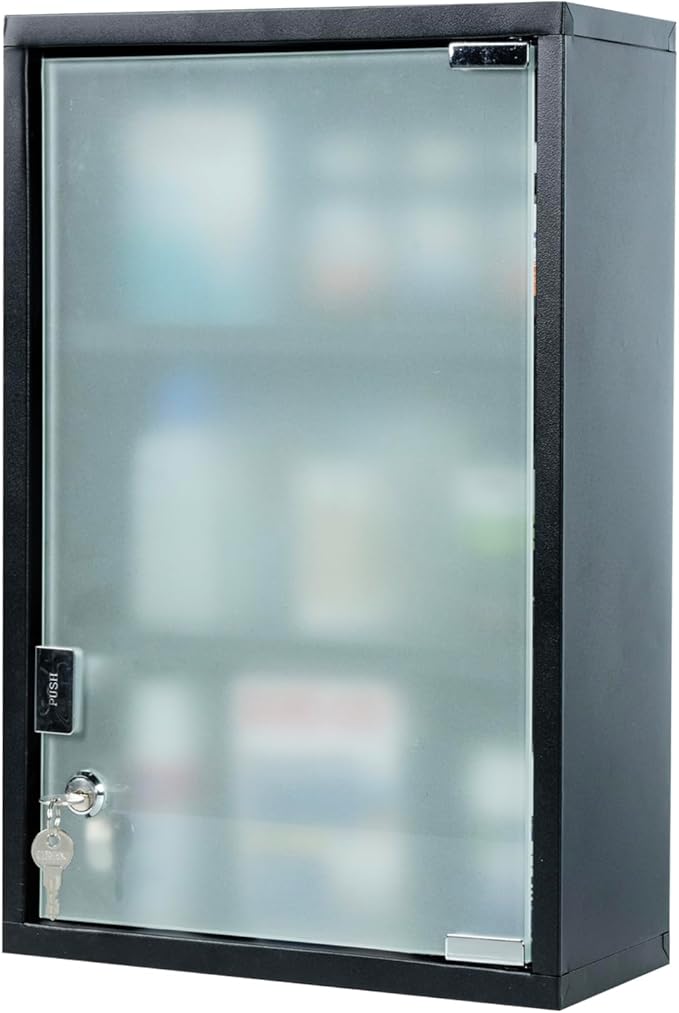MyGift Black Bathroom Medicine Cabinet, Wall Mounted Metal Storage Cabinet with 3 Shelves, Locking Glass Door Keys