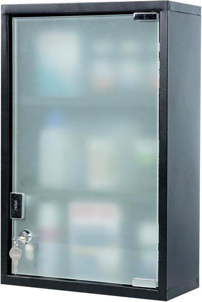MyGift Black Bathroom Medicine Cabinet, Wall Mounted Metal Storage Cabinet with 3 Shelves, Locking Glass Door Keys